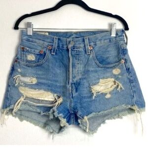 Levi's 501 High Waisted Denim Jean Short Distressed Frayed Hem Blue Vintage 27